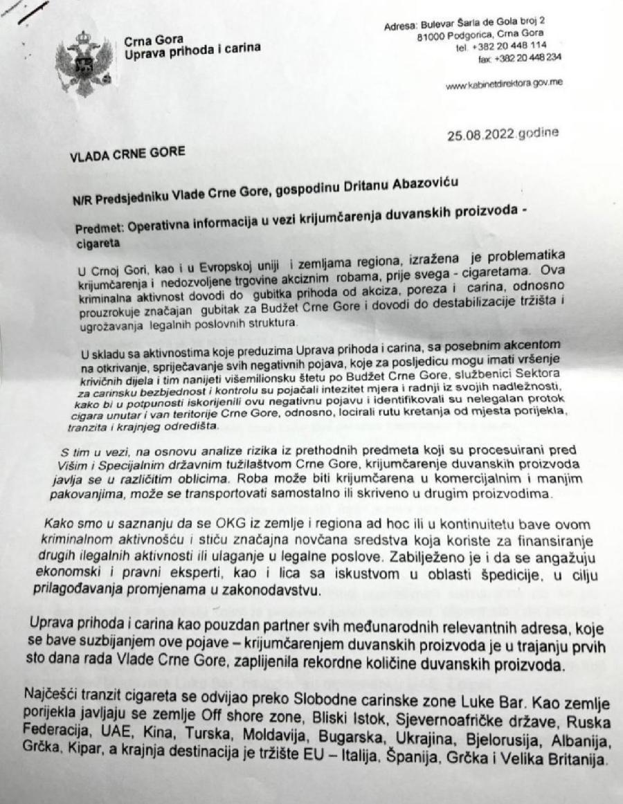 Документ оји је Милошевић доставио кабинету премијера у августу прошле године 