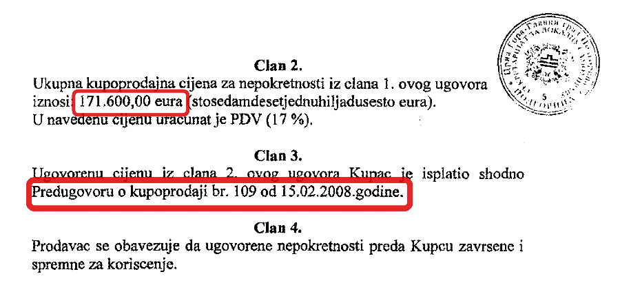 Извод из купопродајног уговора у коме се наводи да је Вуксановић још 2008. године купио стан од компаније “Нормал Цомпанy”