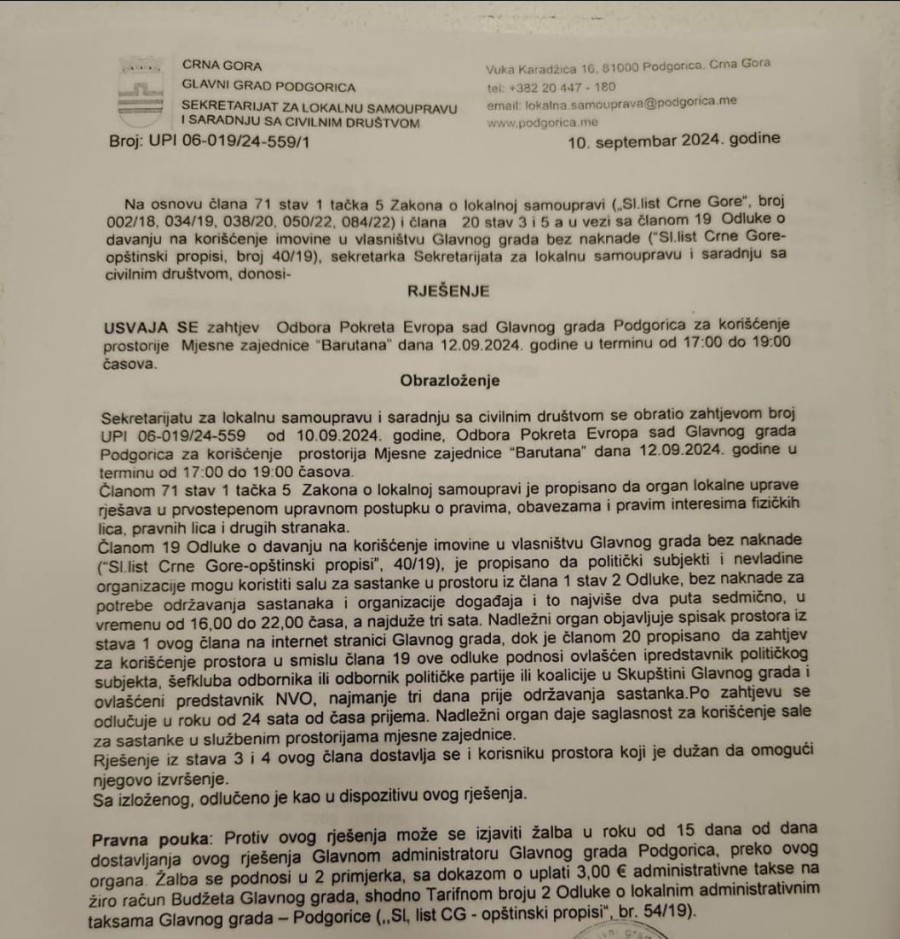 Rješenje Glavnog grada o zahtjevu PES-a