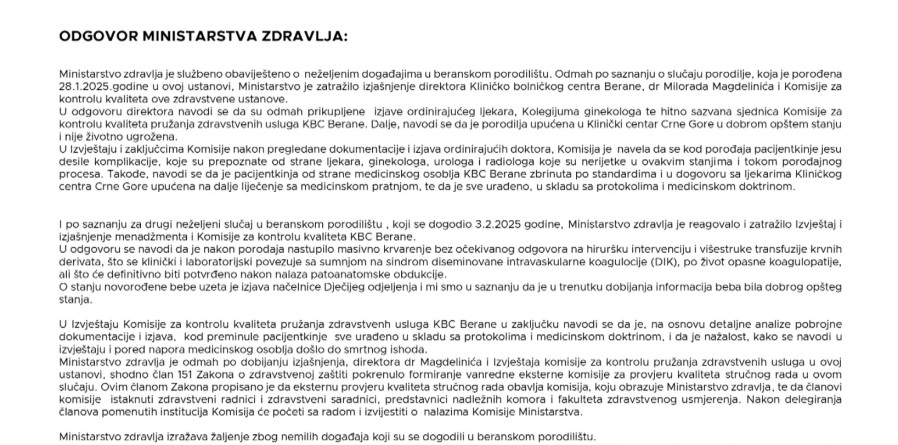 Odgovor Ministarstva zdravlja